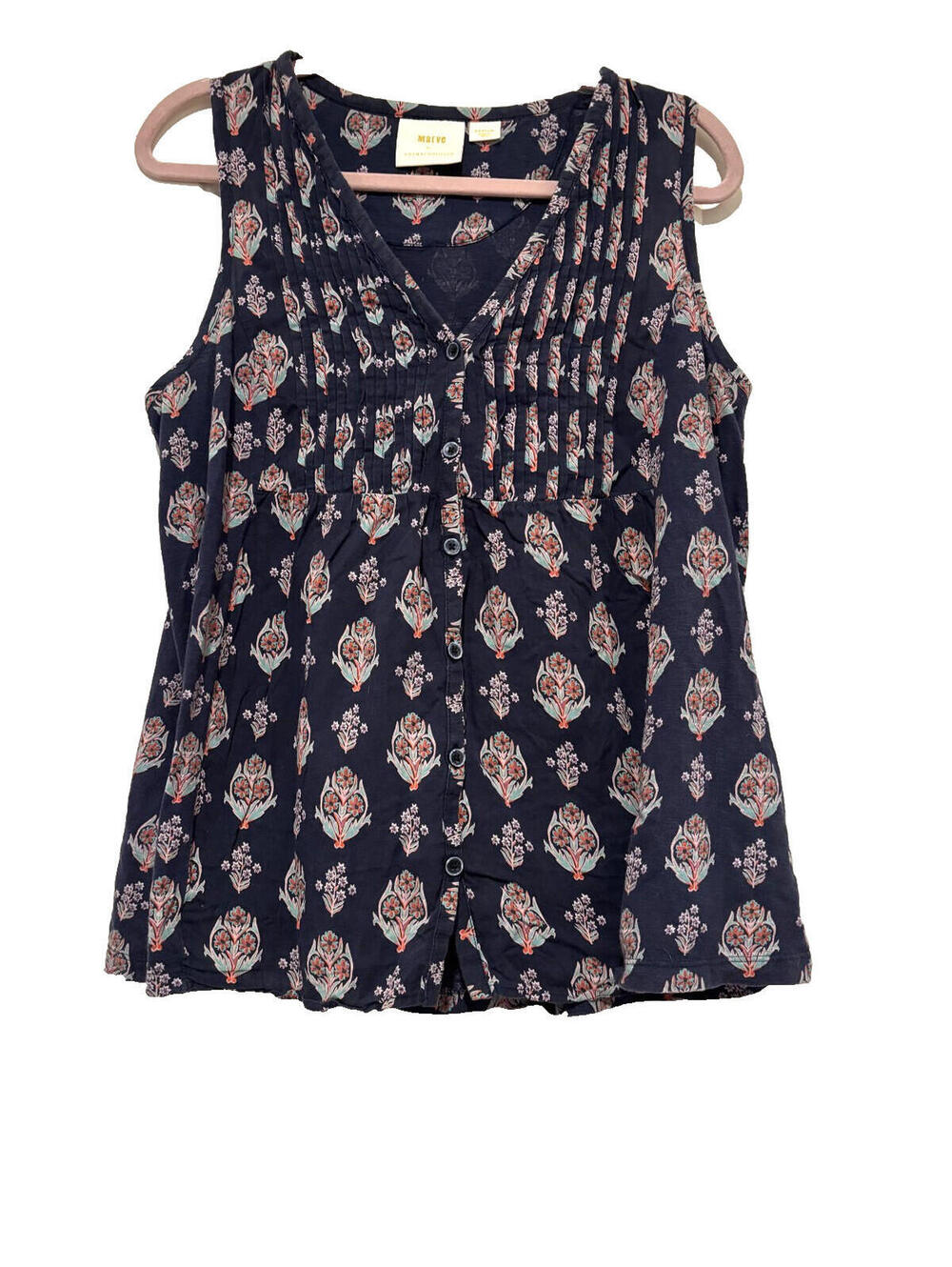 Anthropologie‎ Maeve sz M cotton blue floral boho peasant sleeveless blouse BB